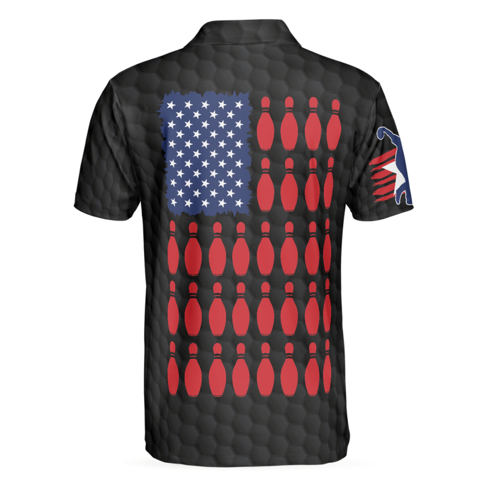 Black American Flag Bowling Polo Shirt, Cool USA Flag Bowling Shirt For Men