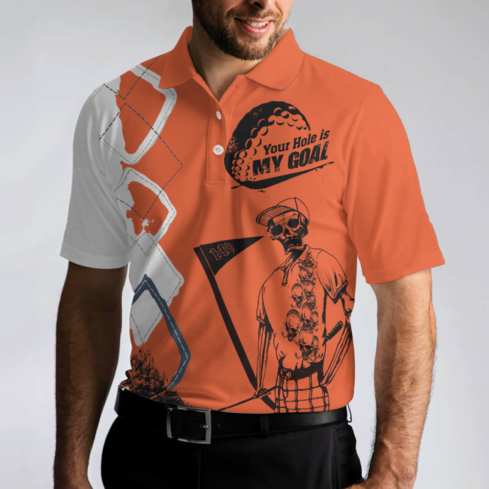 Your Hole Is My Goal Golf Polo Shirt, Orange Argyle Pattern Skeleton Golfer Polo Shirt, Best Golf Shirt For Men