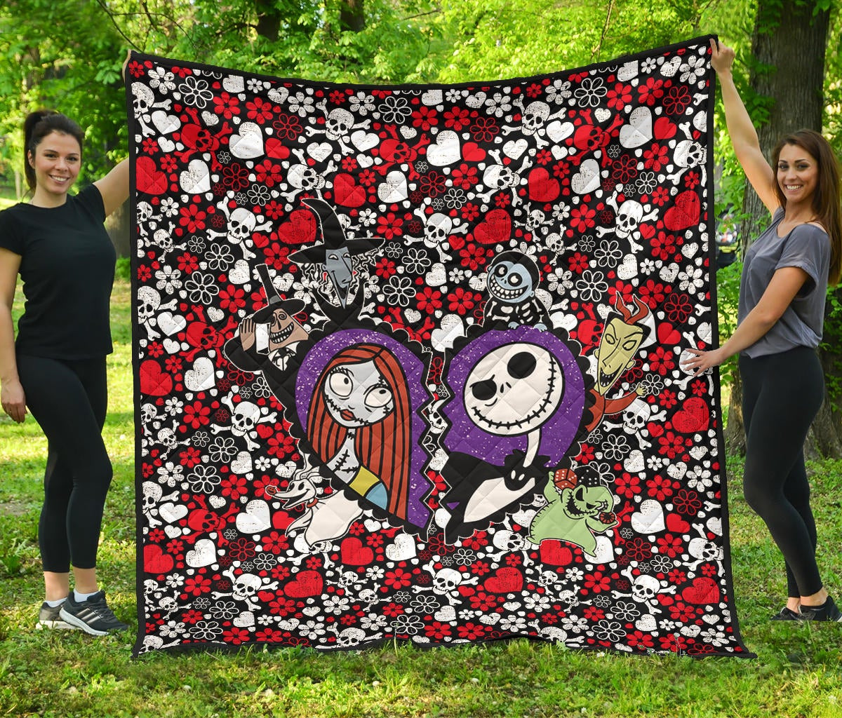 The Nightmare Before Christmas Cartoon Premium Quilt | Jack And Sally Broken Heart Villains Oogie Lock Sock Barrel Quilt Blanket