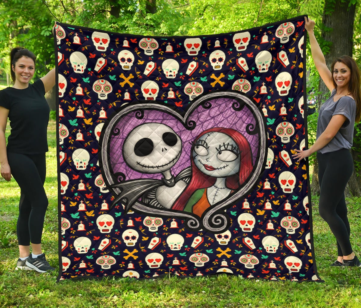 The Nightmare Before Christmas Cartoon Premium Quilt | Jack And Sally Love Colorful Skull Coffin Patterns Quilt Blanket