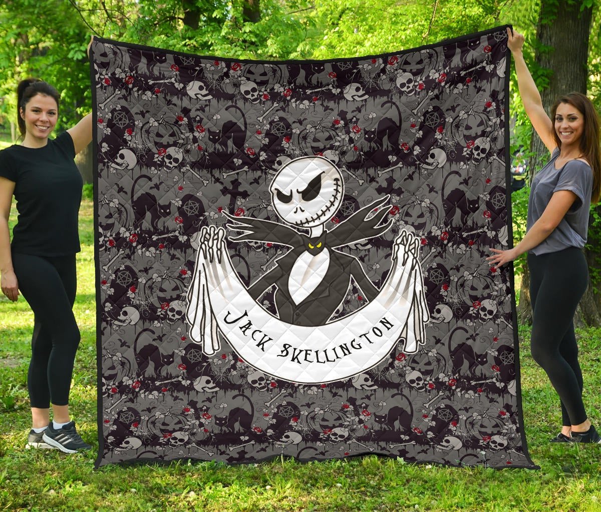 The Nightmare Before Christmas Cartoon Premium Quilt | Jack Skellington Skulls Pumpkin Black White Quilt Blanket