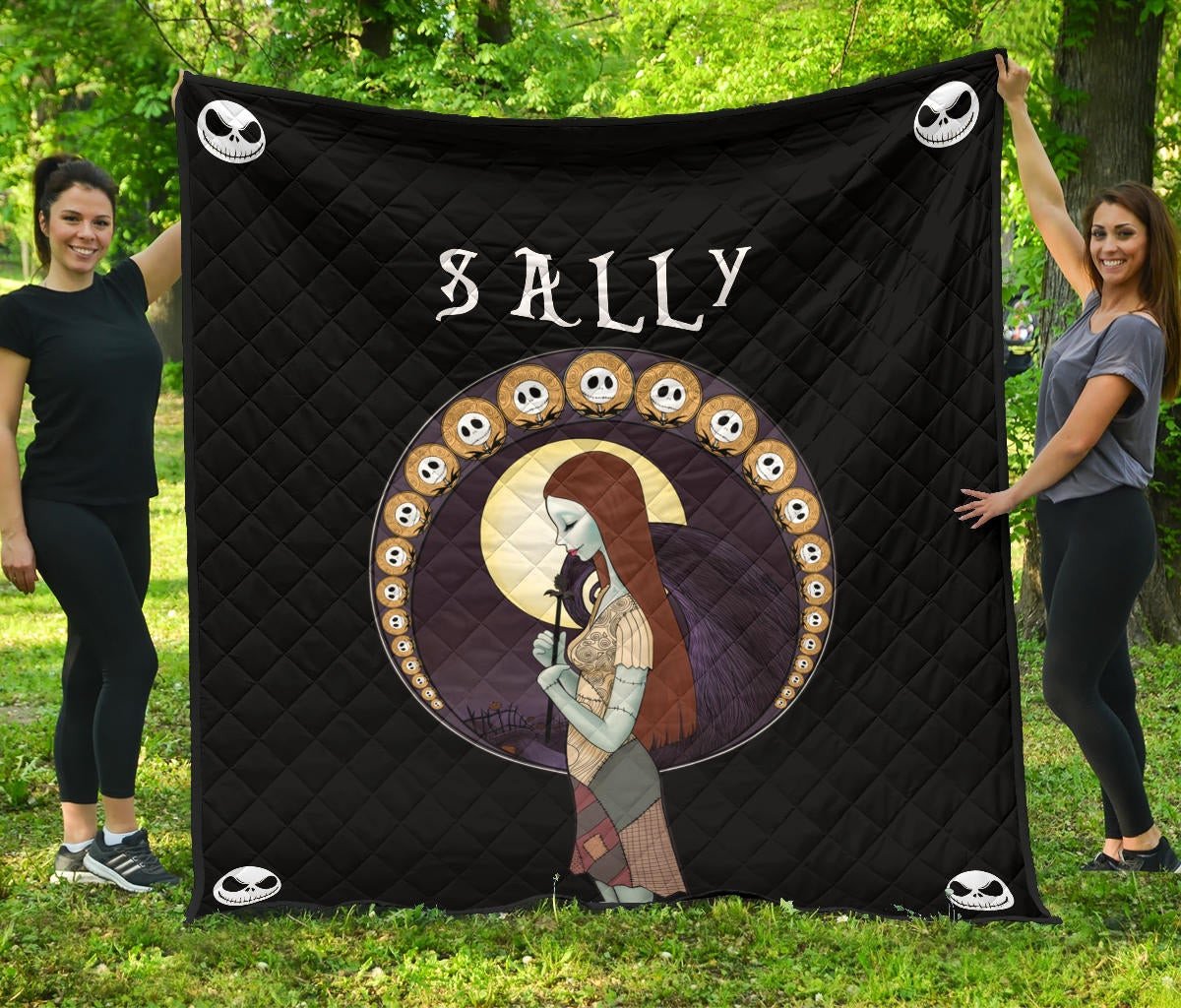 The Nightmare Before Christmas Cartoon Premium Quilt | Sally Holding Black Flower Jack Moon Patterns Quilt Blanket